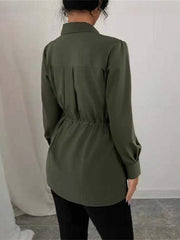 Drawstring Pleated Solid Color Tied Waist Elasticated Waist Long Sleeves Lapel Blouses&Shirts Tops