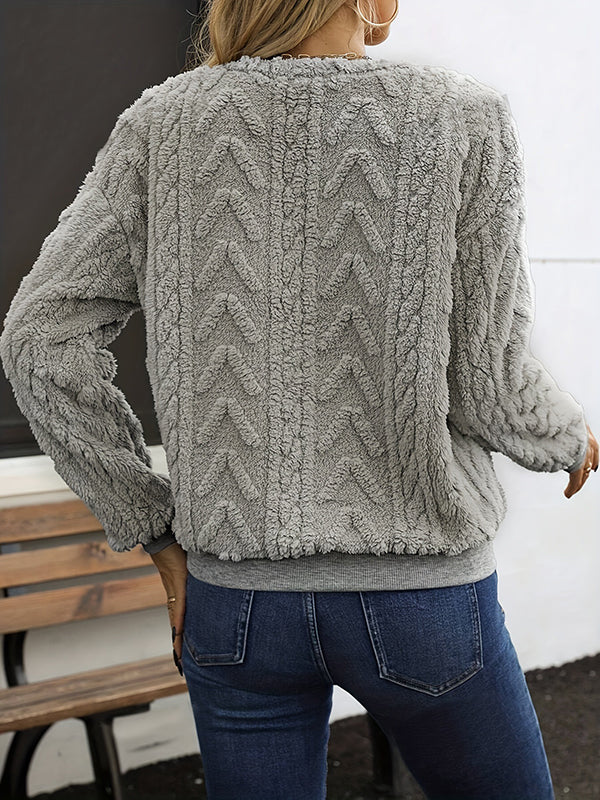 Solid Color Zipper Long Sleeves Loose V-Neck Sweatshirt Tops