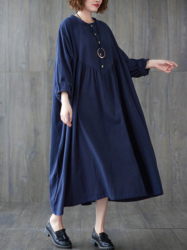 Pleated Solid Color Loose Puff Sleeves Stand Collar Midi Dresses