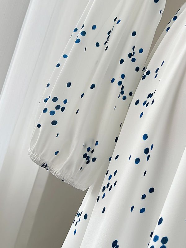 Pleated Polka-Dot Tied Waist High Waisted High-Low V-Neck Maxi Dresses