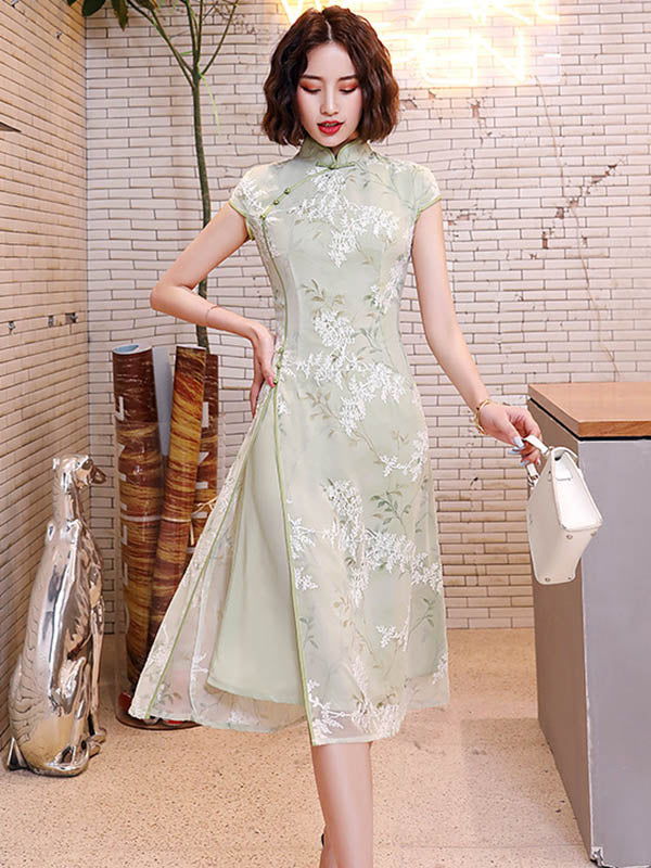 Original Applique Stand Collar Long Cheongsams