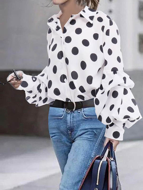 Buttoned Polka-Dot Split-Joint Long Sleeves Loose Lapel Blouses&shirts Tops