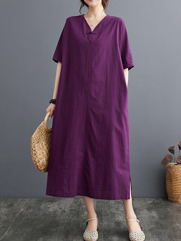 Chinese Frog Buttons Pockets Solid Color Split-Side A-Line Loose V-Neck Midi Dresses