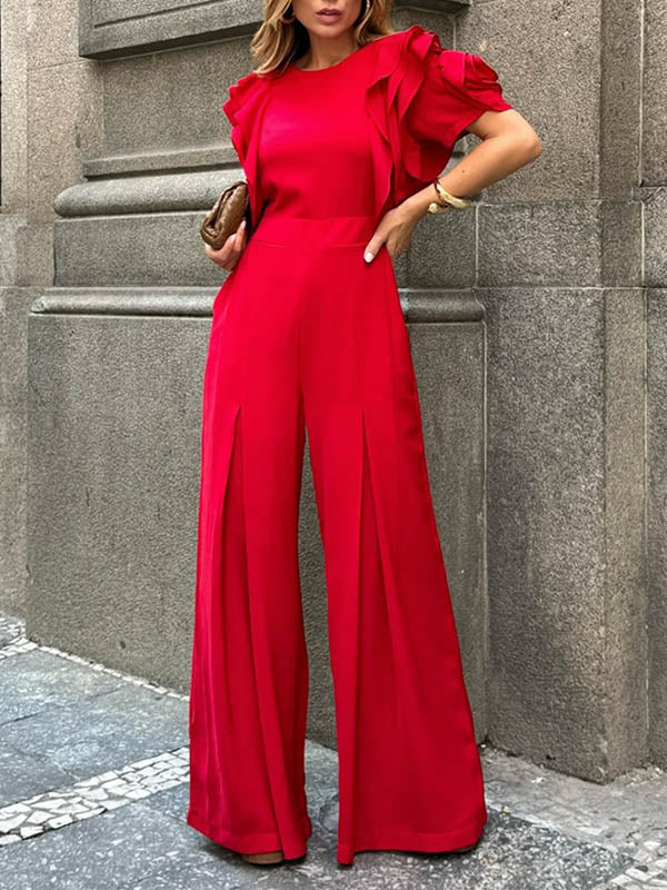 Falbala Solid Color Loose Short Sleeves Round-Neck Jumpsuits