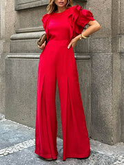 Falbala Solid Color Loose Short Sleeves Round-Neck Jumpsuits