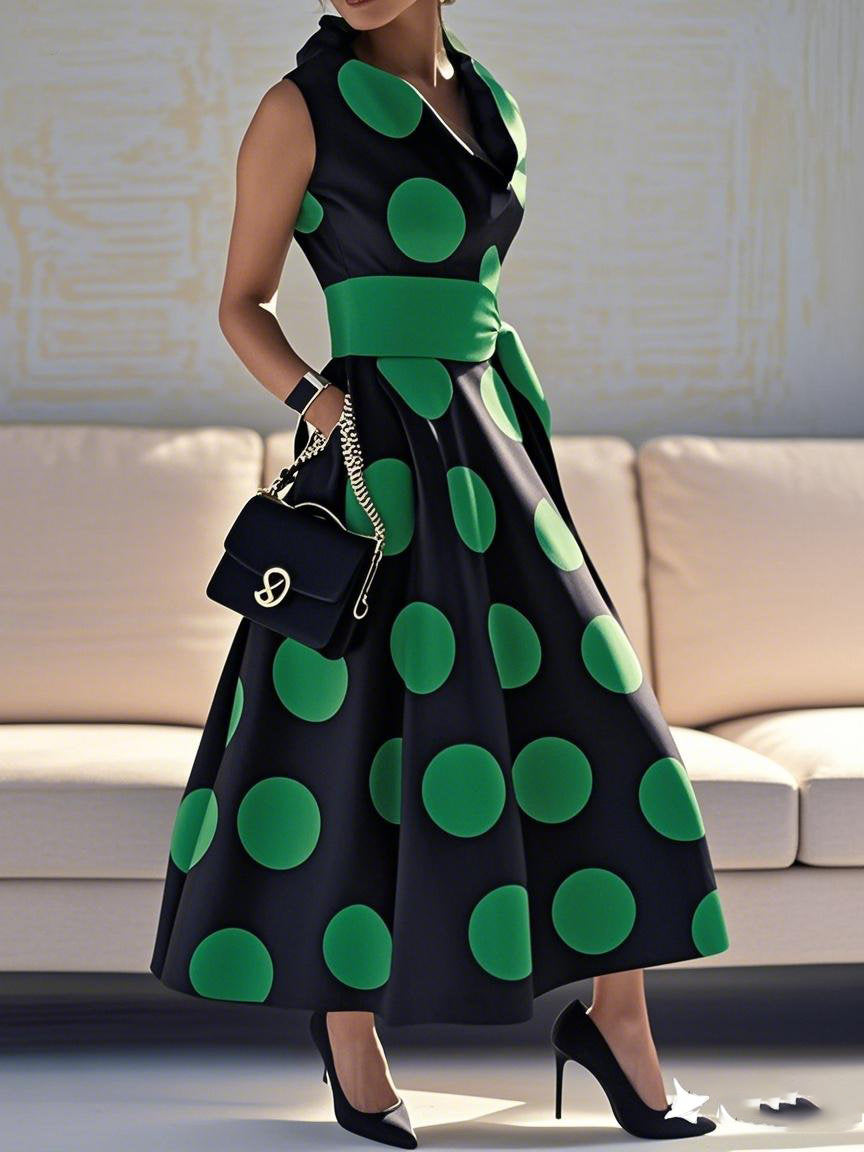 Pockets Polka-Dot Split-Joint Tied Waist A-line Loose Lapel Shirt Dress Maxi Dresses