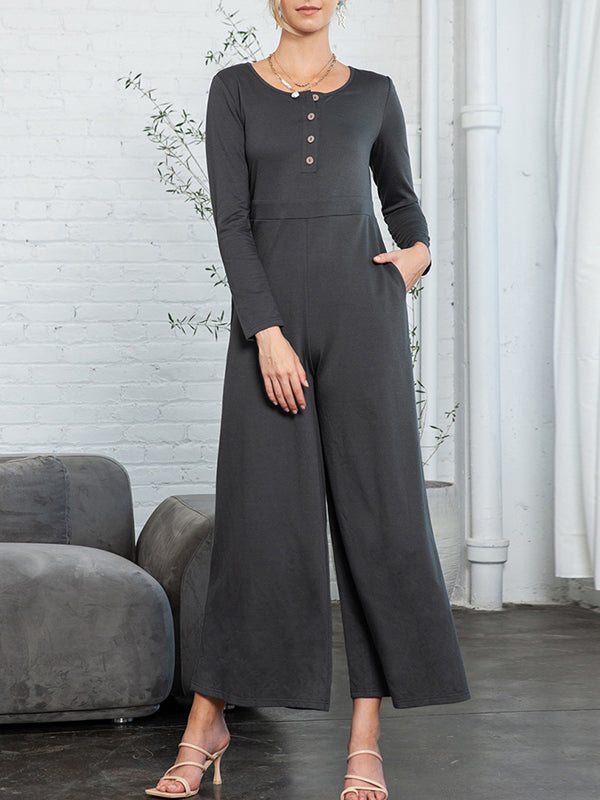 Buttoned Solid Color High Waisted Long Sleeves Round-Neck Jumpsuits