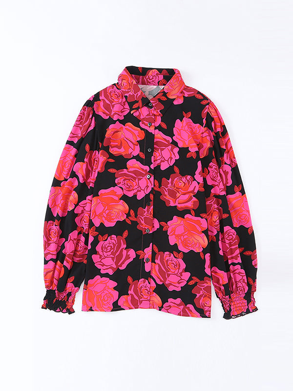 Buttoned Elasticity Flower Print Long Sleeves Loose Lapel Blouses&Shirts Tops