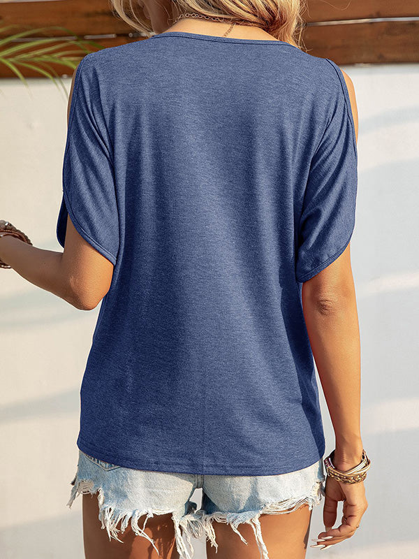 Hollow Solid Color Loose Short Sleeves Cold Shoulder T-Shirts Tops