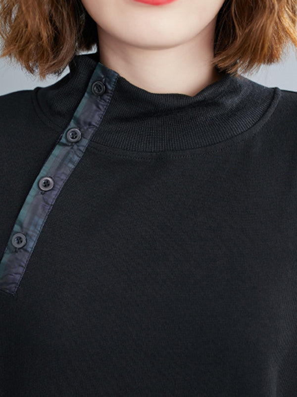 Simple Long Sleeves Loose Split-Joint Solid Color High-Neck Sweatshirt Tops