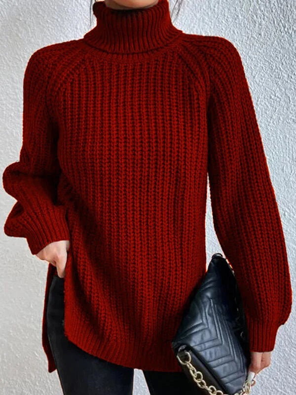 Solid Color Split-side Long Sleeves Loose High Neck Sweater Tops Pullovers