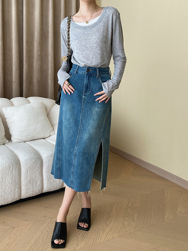 Asymmetric Contrast Color Split-Joint Fake Two-Piece Long Sleeves Round-Neck T-Shirts