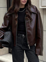 Elasticity Solid Color Zipper Long Sleeves Loose Lapel Outerwear Jackets