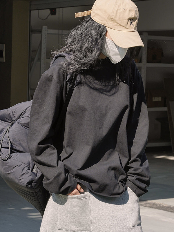 Casual Long Sleeves Loose Solid Color Round-Neck T-Shirts Tops