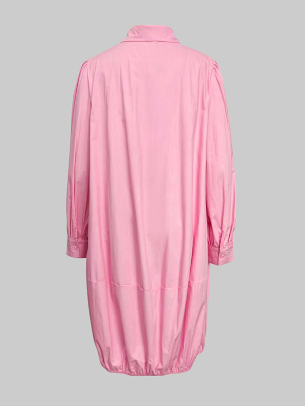 Buttoned Pleated Pockets Solid Color Long Sleeves Loose Lapel Midi Dresses