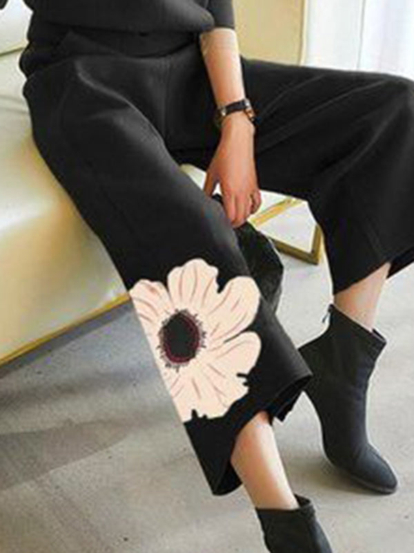 Asymmetric Floral Printed High Waisted Loose Trousers Pants