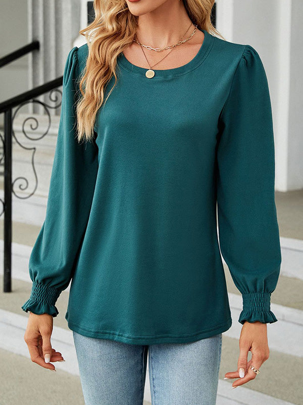 Elasticity Solid Color Long Sleeves Loose Round-Neck T-Shirts Tops