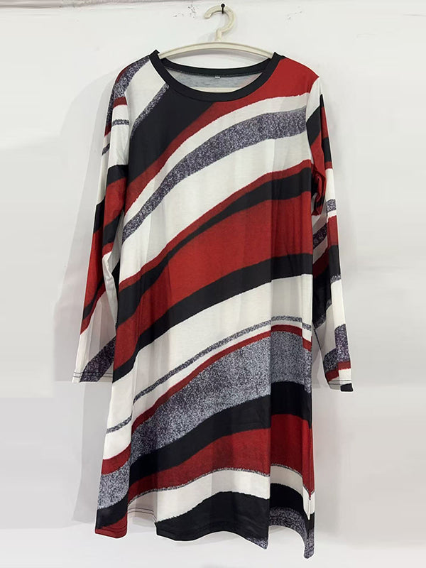 Asymmetric Printed Split-Joint Striped A-Line Irregularity Round-Neck Midi Dresses