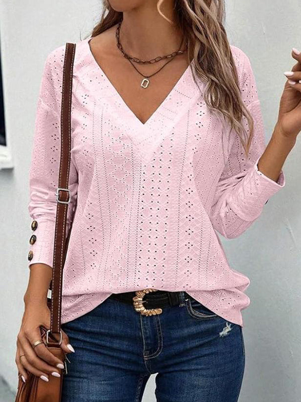 Buttoned Solid Color Long Sleeves Loose V-Neck T-Shirts Tops