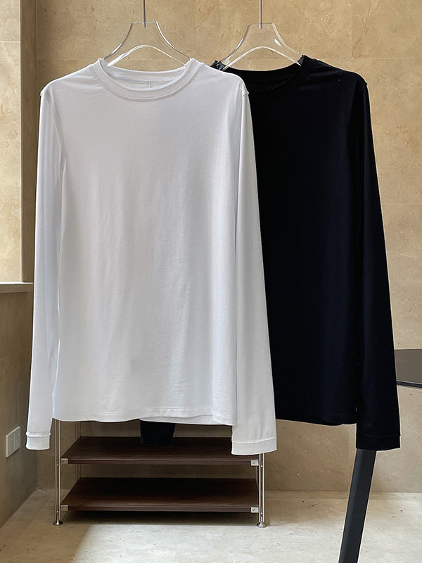 Simple Loose Long Sleeves Solid Color Round-Neck T-Shirts Tops