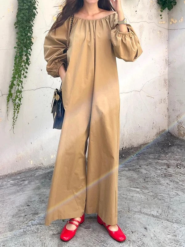 Elasticity Pleated Pockets Solid Color Long Sleeves Loose Round-neck Jumpsuits