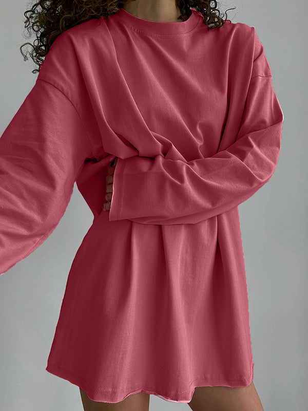 Solid Color Long Sleeves Loose Round-Neck T-Shirts Tops