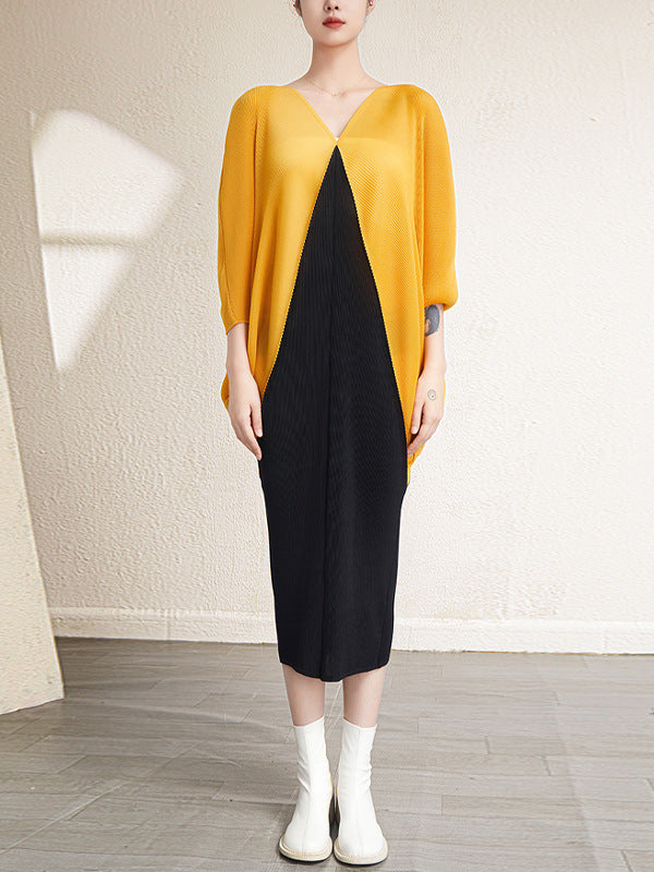 Urban Batwing Sleeves Contrast Color Pleated V-Neck Midi Dresses