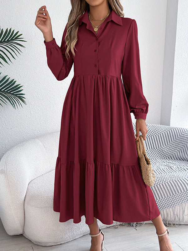 Pleated Ruffled Solid Color High Waisted Long Sleeves Lapel Shirt Dress Midi Dresses