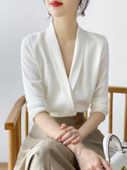 Solid Color Long Sleeves Loose V-Neck Blouses&Shirts Tops