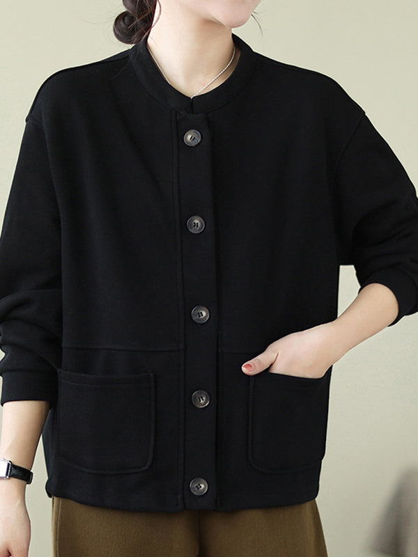 Buttoned Keep Warm Pockets Velvet Long Sleeves Loose Round-neck Outerwear