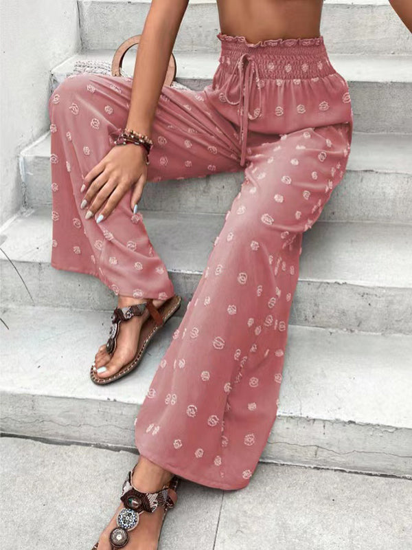 Drawstring Elasticity Jacquard Solid Color High Waisted Loose Trousers Pants