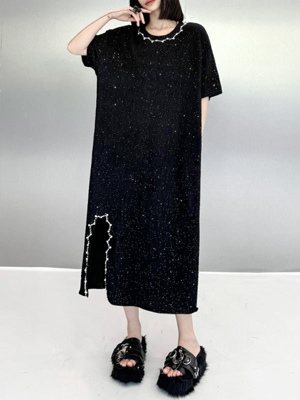 Asymmetric Beaded Shiny Split-Joint Loose Short Sleeves Round-neck Midi Dresses