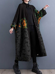 Buttoned Drawstring Flower Print Split-Joint Long Sleeves Loose Collarless Trench Coats