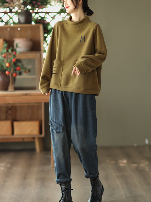 Simple Loose Long Sleeves Velvet Solid Color High-Neck Sweatshirt Tops