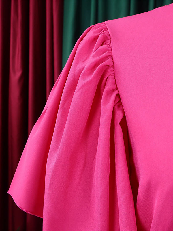 Pleated Solid Color Split-Joint Tied Waist Flared Sleeves Loose Stand Collar Shirt Dress Maxi Dresses
