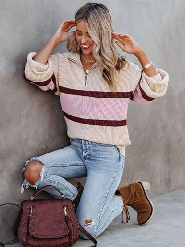Stylish Loose Solid Color& Contrast Color Striped Lapel Collar Sweater Tops