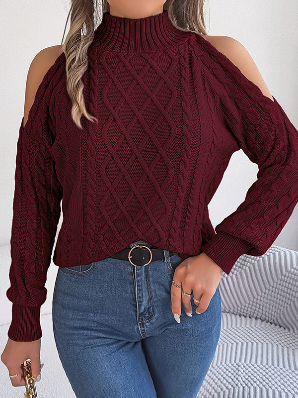 Hollow Solid Color Long Sleeves Loose Cold Shoulder Sweater Tops Pullovers