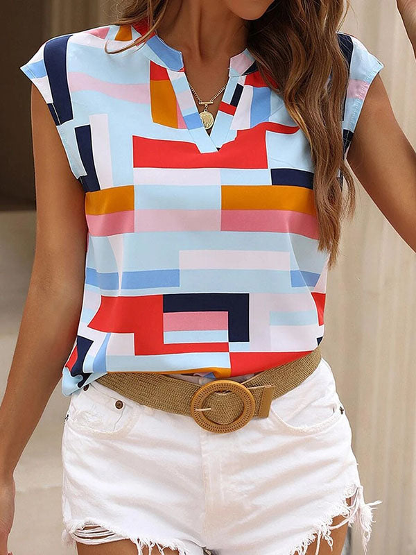 Printed Loose Sleeveless V-Neck T-Shirts Tops