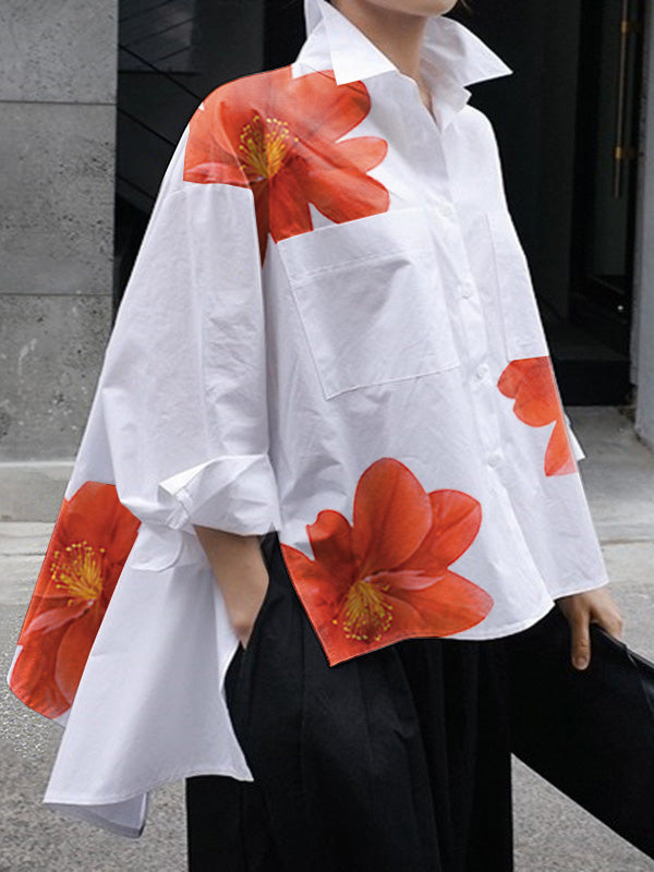 High-Low Long Sleeves Buttoned Flower Print Pockets Split-Side Stand Collar Blouses&Shirts Tops