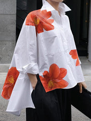 High-Low Long Sleeves Buttoned Flower Print Pockets Split-Side Stand Collar Blouses&Shirts Tops