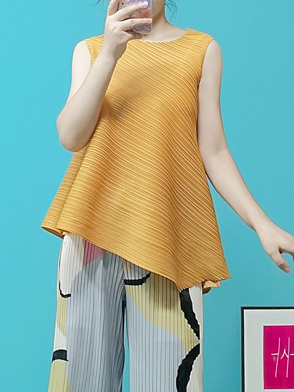 Pleated Solid Color Irregular Clipping Loose Round-Neck Vest Top