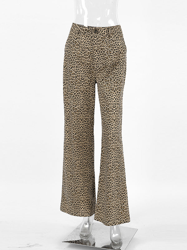 Leopard Printed Split-Joint High Waisted Loose Trousers Pants