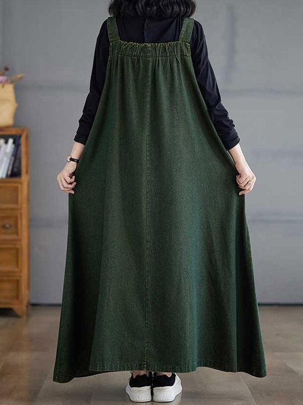 Pleated Pockets Solid Color Split-Joint A-Line Loose Spaghetti-Neck Suspender Dress