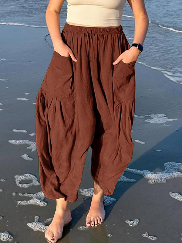 Drawstring Elasticity Pleated Pockets Solid Color High Waisted Loose Trousers Ninth Pants