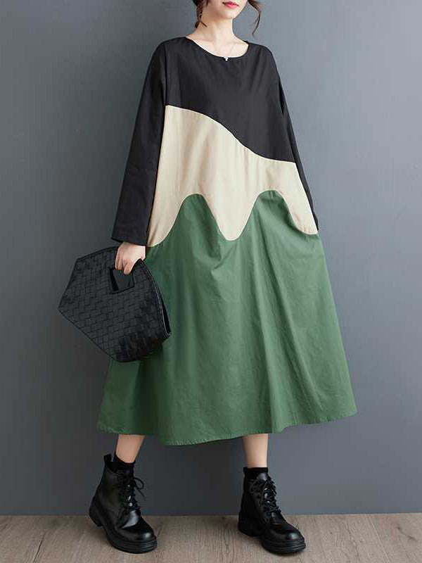 Contrast Color A-Line Long Sleeves Round-Neck Midi Dresses
