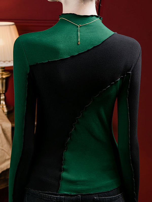 Contrast Color Ruffle Trim Split-Joint Long Sleeves Plus Size Mock Neck T-Shirts Tops