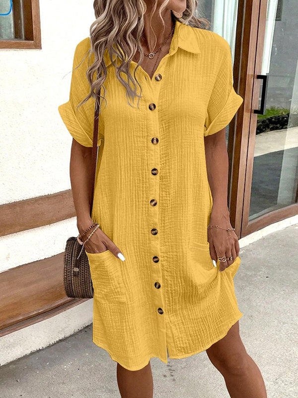 Pleated Split-Joint Loose Short Sleeves Lapel Shirt Dress Mini Dresses