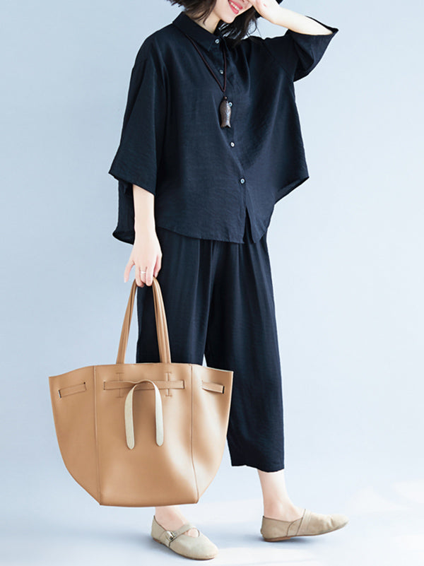Two-Pieces Black Loose Shirt And Ninth Pants Suit