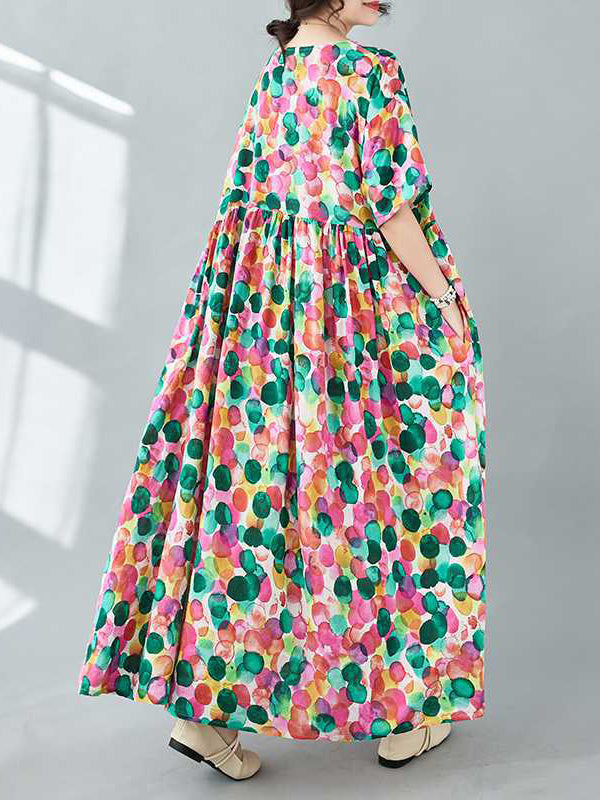 Pleated Polka-Dot Printed Split-Joint Half Sleeves Loose Round-Neck Midi Dresses
