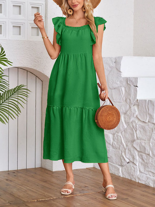 Elasticity Pleated Ruffled Solid Color Split-Joint A-Line Loose Off-The-Shoulder Midi Dresses